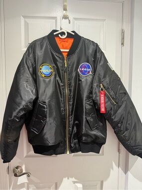 Black Bomber Jacket with Orange Lining - Pilot Style